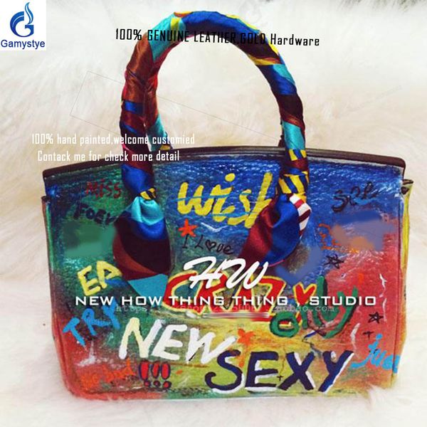

hand painted colorful letters cowhide togo leather luxury women handbags classic totes silver golden lock leather