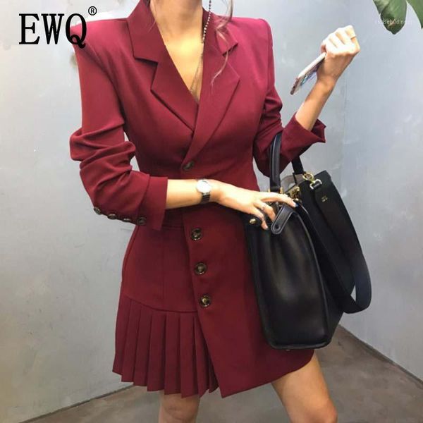 

ewq] 2020 spring fashion clothing turn-down collar full sleeves single breasted pleated red jacket dress slim blzer dresses1, Black;gray