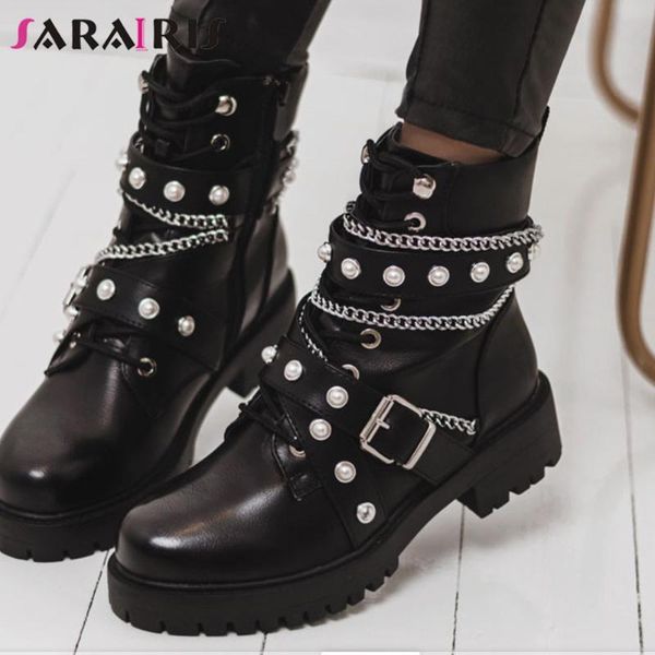 

sarairis cool girl new casual boots round toe platform buckle zipper solid winter boots women platform chain shoes woman, Black