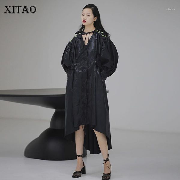 

xitao drawstring black trench women irregular pleated 2020 spring full sleeve small fresh casual style loose coat dmy40831, Tan;black