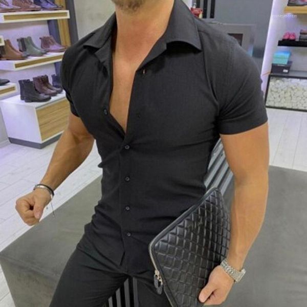 

solid formal shirt for men white black short sleeve button shirts casual slim fit summer clothing chemise homme manche court 2#1