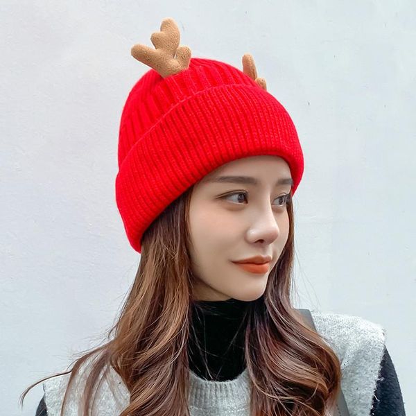

beanie/skull caps woolen hat female autumn and winter double layer plus velvet antlers knitted student cute ear protection warm, Blue;gray
