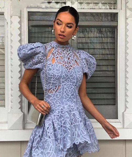 

515 2020 runway dress prom fashion short sleeve crew neck flora print lace womens clothes brand same style shangmei, Black