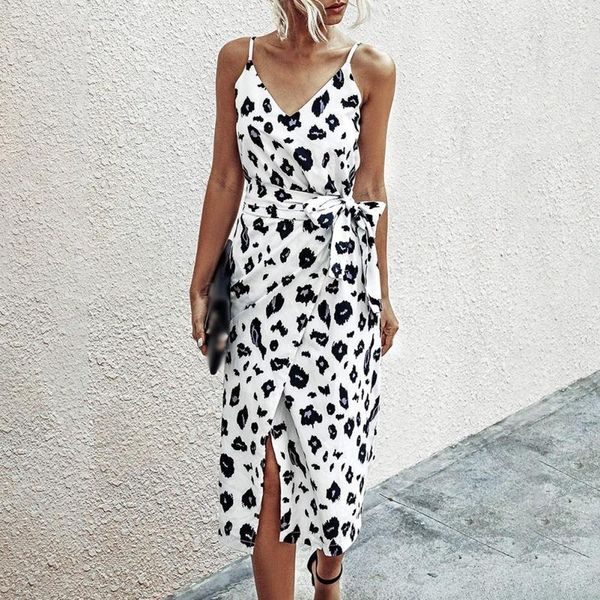 

2020 woman 's dress sling print slit dress v-neck party tulip midi fashion beach dresses1, Black;gray