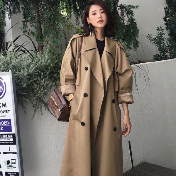 

windbreaker women's long 2020 spring new student small fashion british thin double breasted coat trend1, Tan;black