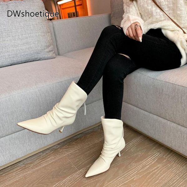 

winter genuine leather women mid-calf boots thin heel wrinkle women booties, Black