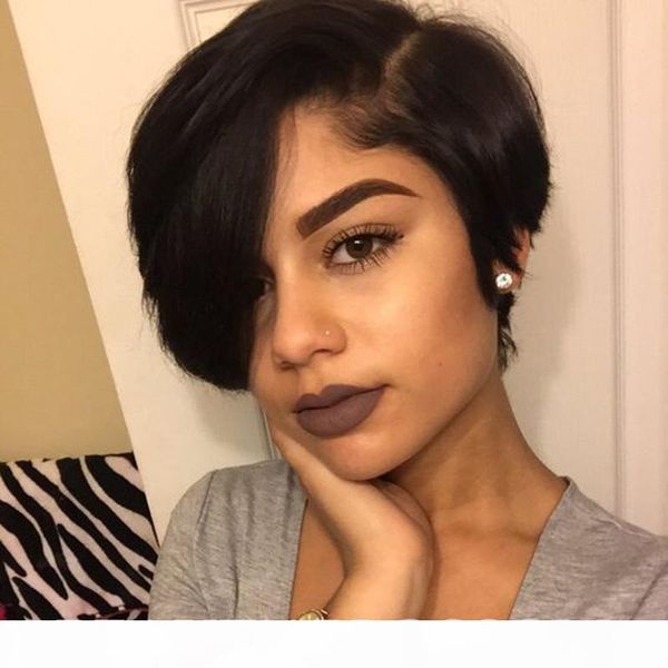 

short bob lace front human hair wigs with baby hair brazilian straight hair wigs bleached knots side part natural color 130% density, Black;brown
