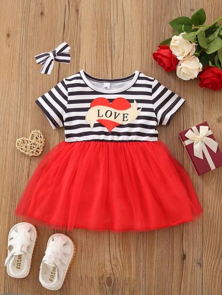 

baby striped & letter graphic mesh overlay dress & headband she, Red;yellow