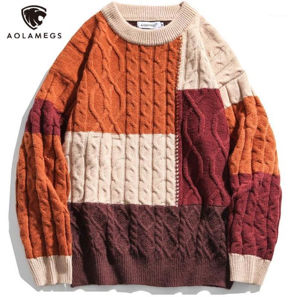 

men sweater color block patchwork o-neck knitted pullover casual baggy vintage advanced harajuku couple streetwear men1, White;black