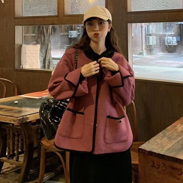 

women's jackets pink coat 2021 autumn and winter versatile loose long sleeves japan vintage short-height internet celebrity cardigan, Black;brown