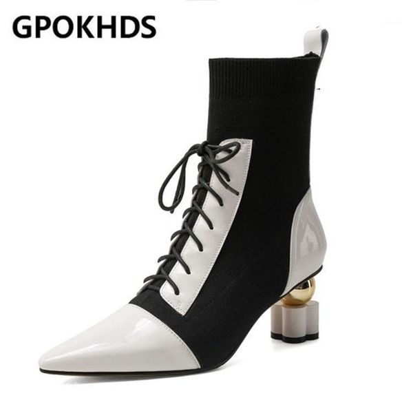 

boots gpokhds 2021 women soft ankle patent leather lace up winter short plush pointed toe high heels women1, Black