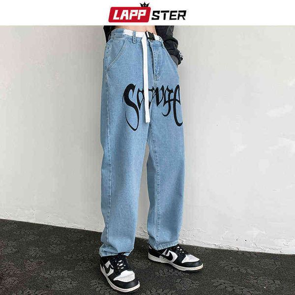 Lappster Men Y2K Японская уличная одежда джинсы 2022 Мужские голубые негабаритные хараджуку по поясам поясной джинсовой джинсовой ткани 0309