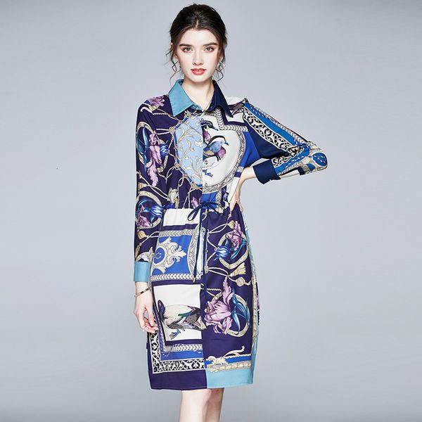 

2021 new runway autumn vintage shirt women's long sleeve blue print drawstring waist slim holiday casual robe 4kpb, Black;gray