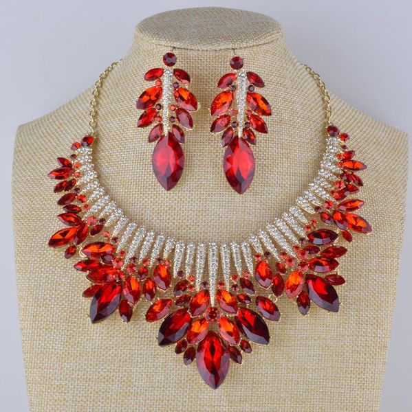 

Bridal wedding Red color Jewelry sets Rhinestone necklace with earrings marquise round glass statement trendy jewelry for party, Silver
