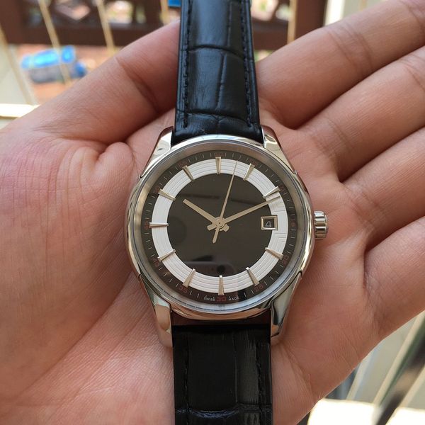 

2021 classic om luxury mens watches 40mm black dial automatic mechanism sapphire glass leather strap fashion men wristwatches, Slivery;brown