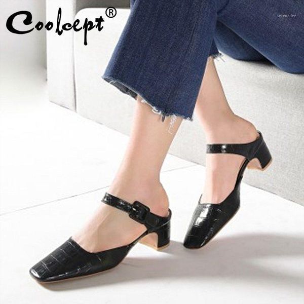 

coolcept women sandals shoes fashion stone pattern square toe shoes women thick heel metal buckle slingbacks footwear size 34-391, Black