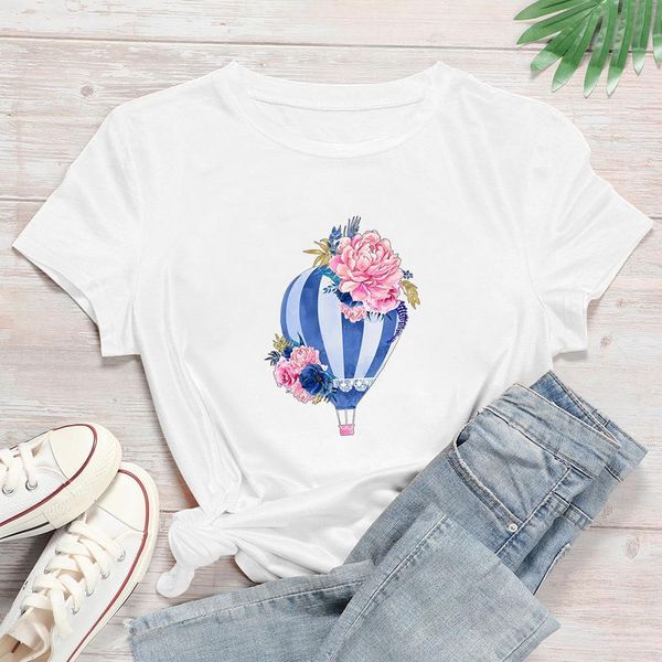 

harajuku streetwear t shirt blue air balloon and flowers graphic design style new women t-shirt exquisite t shirt, White