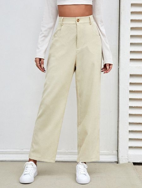 

high waist corduroy straight leg pants 85w3#, Black;white