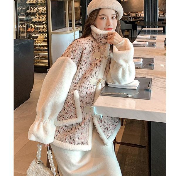 

small fragrance style retro women lamb jackets stitching tweed winter coat fashion elegant loose big size horn buckle outerwear, Black;brown