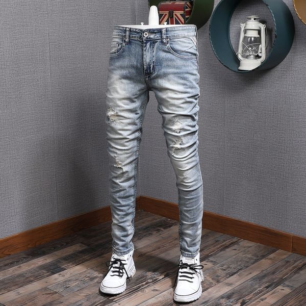 

2021 new korean style fashion men jeans retro light blue elastic slim fit ripped denim pants patchwork vintage designer hip hop trousers p6x