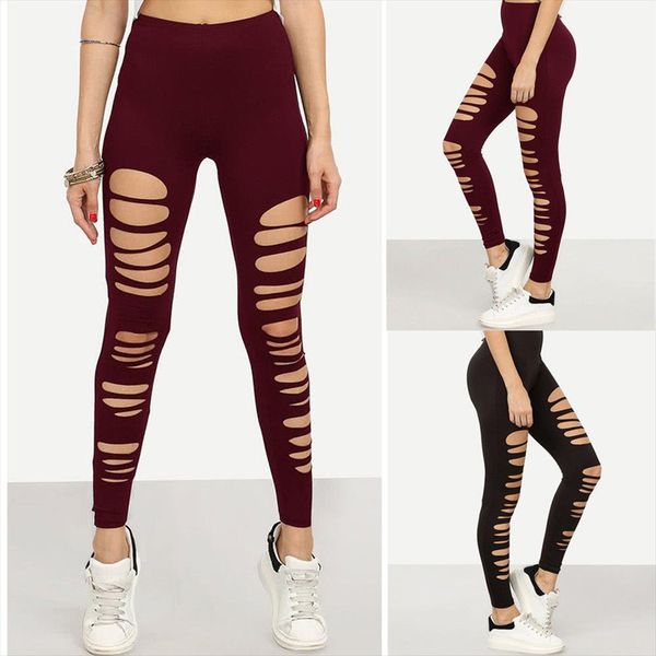 

2020 fashion women ladies skinny ripped holes leggings pants high waist stretch slim pencil leggingstrousers, Black
