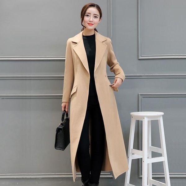 

winter coat women warm wool coat long women's autum fashion outwear female wool over the knee super woolen, Black