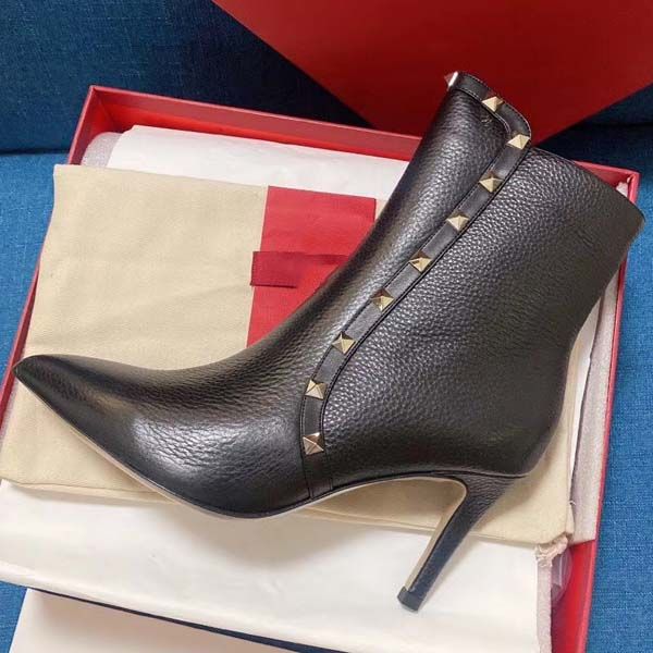 

womens high heels 80mm short boots winter rivets pointed real leather pumps paris boots size 35-40 with box, Black