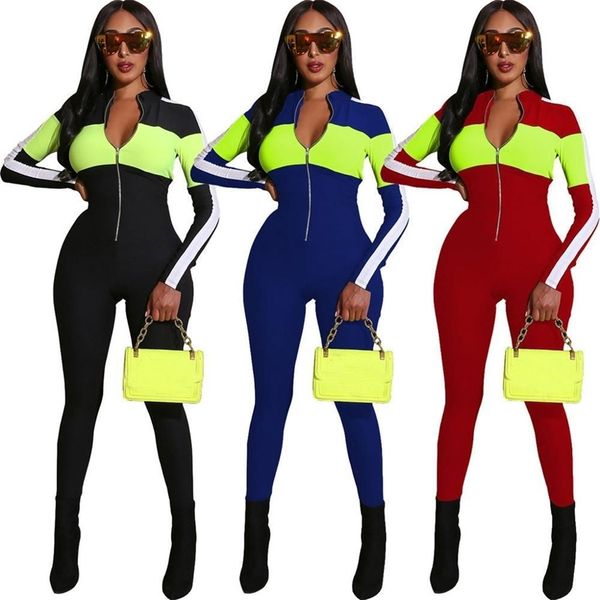 Sport Reißverschluss Frauen Sexy One Piece Bodysuit Sport Deep V Colorblock Enge Langarm Workout Gym Anzug Fitness Overall T200616