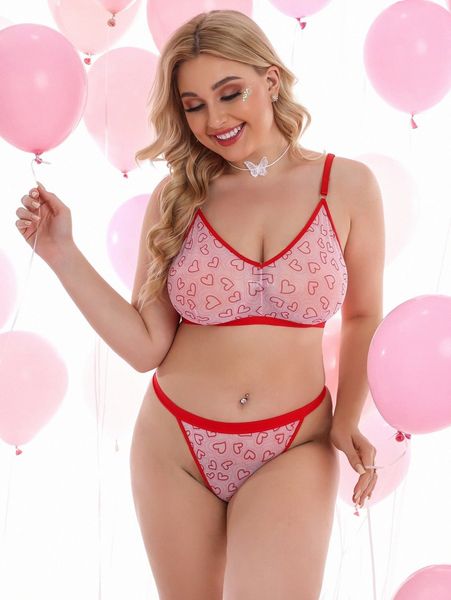 

plus heart print binding trim lingerie set a87s#, Black;white