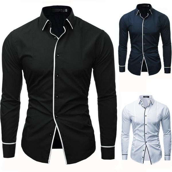 

2020 new men's solid color series of open-line decoration casual business long-sleeved shirt plus size1, White;black