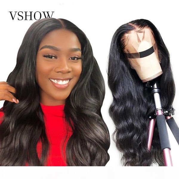 

vshow 13*4 brazilian body wave lace front human hair wigs pre plucked for black women 150% density remy hair lace front wig, Black;brown