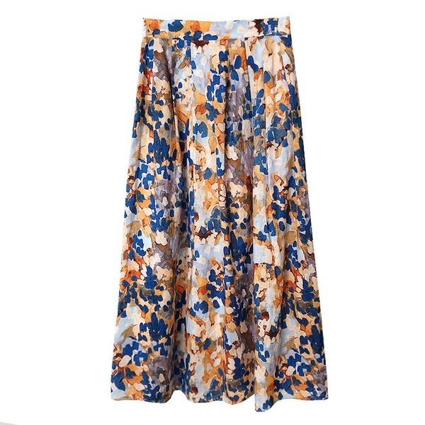 

2021 new high waist summer elegant flower print long cotton spring women skirt saia jupe femme b3ik, Black