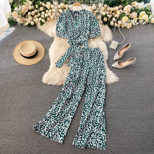 

2021 new female singiny summer boho floral holiday neck puff short + high share wide pants pieces together w7mn, Gray