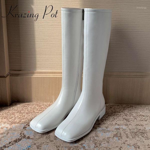 

krazing pot 2020 split leather square toe med heel three colors winter shoes keep warm high street fashion knee-high boots l771, Black