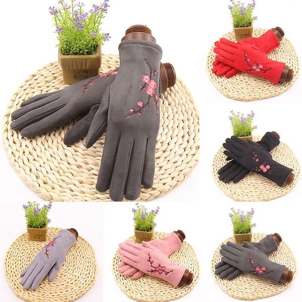 

five fingers gloves winter warm cycling suede multifunctional touch screen full finger leather plum blossom embroidery mittens, Blue;gray