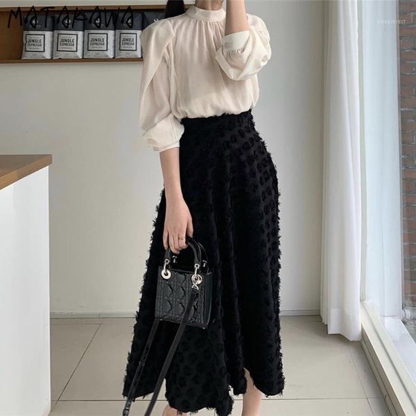 

stand collar pleated loose puff sleeve women blouses high waist three-dimensional fringed skirt two piece outfits for women1, Gray