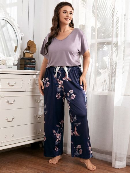 

plus floral print bow detail pajama set h8uf#, Black;white