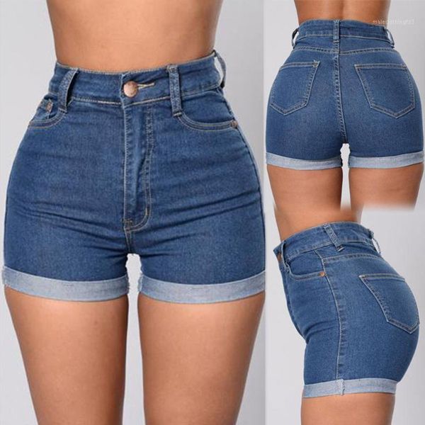 

women's jeans high-waist jean button zipper women's denim shorts scratched pocket design femme short mujer pantalones cortos mujer, Blue