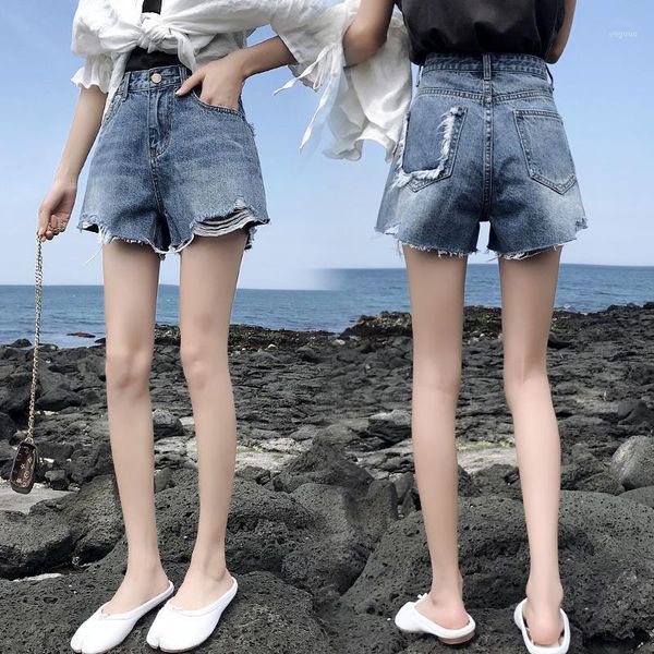 

high wasit make hole light washed effect wide leg pants women jeans shorts ladies' denim short pants1, White;black
