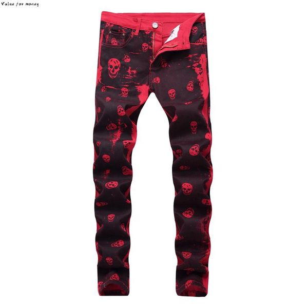 

2020 мужская мода скелет черепа printed ночной клуб личность джинсы мужской slim fit red джинсовые брюки длинные, Blue
