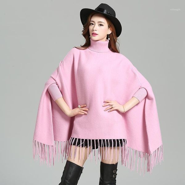

new style winter loose sweater shawl turtleneck long tassels knitted batwing sleeve sweater1, Black