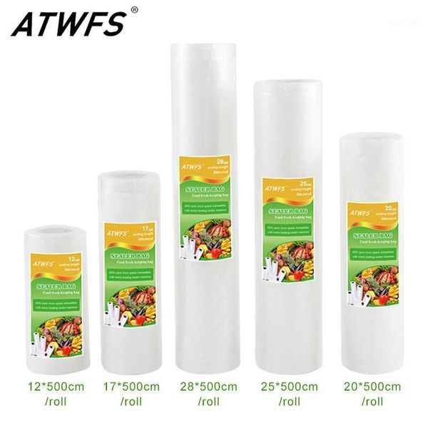 

atwfs 5 rolls/lot kitchen vacuum bag storage bags for vacuum sealer fresh long keeping 12+17+20+25+28cm*500cm1