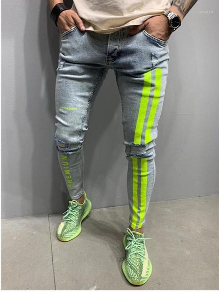 

men's jeans men skinny striped zipper denim hole wash vintage hip hop work trousers slim printed european big size clothing1, Blue