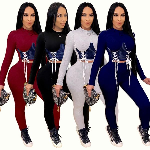 

women's tracksuits casual women two pieces set strings loops crop long pants 2 sports suit high street outdoor wear, Gray