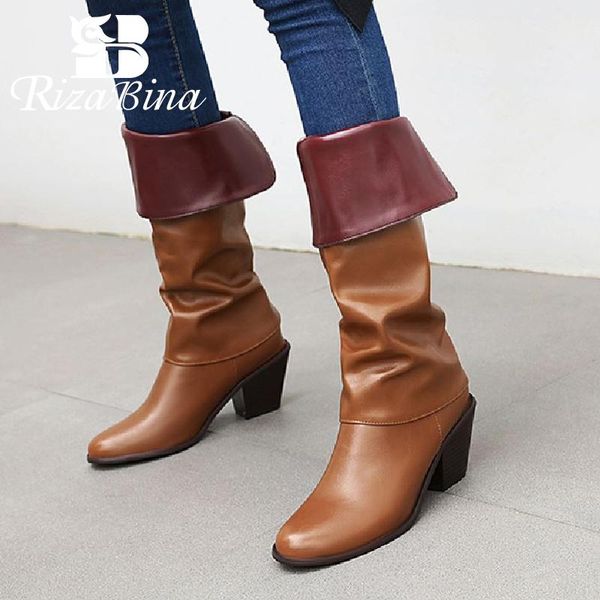 

rizabina size women high heel boots thick heel woman knee high boots fashion party woman footwear size 34-43, Black