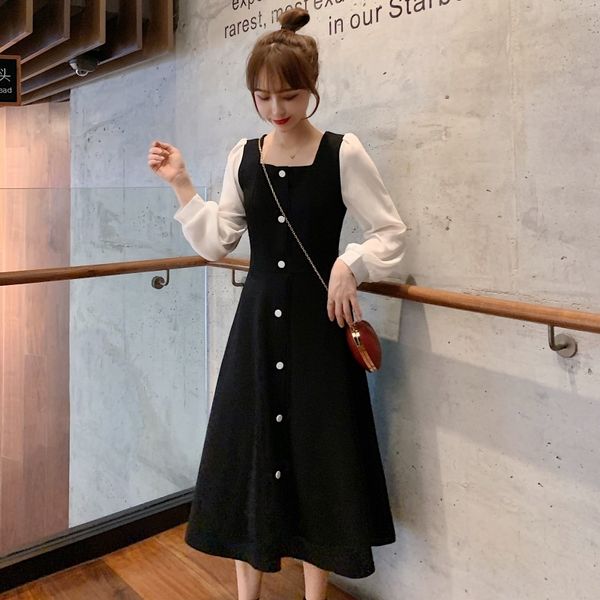 

autumn ladies'solid color sew high-waist temper long-sleeve square collar casual office dress up in lace, Black;gray