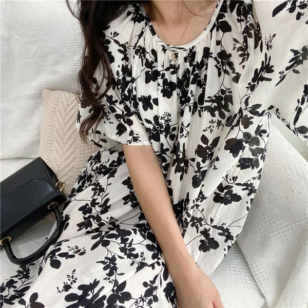 

temperament black and white plain cotton cocoon printed for women dress summer 2020 new loose korean dress fivpy, Black;gray