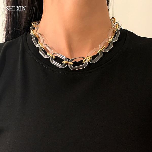 

chokers shixin acrylic chunky short chain necklace on neck fashion transparent/gold color thick choker collar for women jewelry, Golden;silver