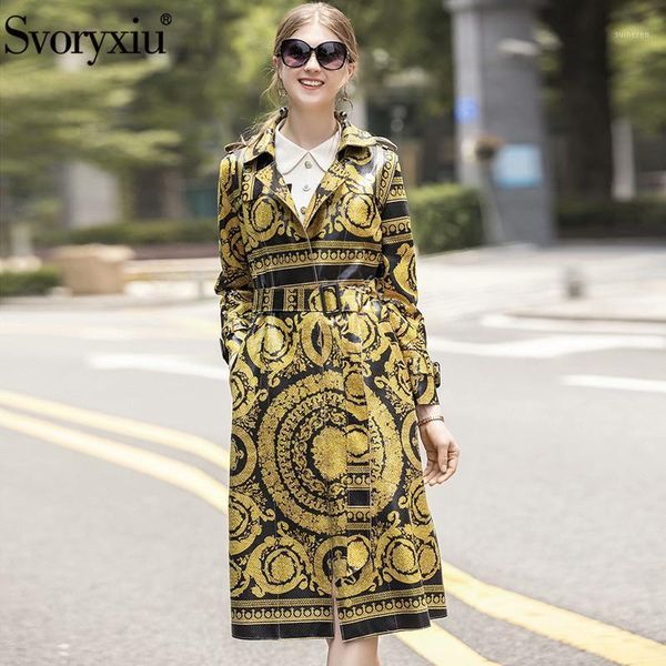 

svoryxiu 2021 designer printed winter overcoat outwear women's fashion long sleeve imitation pu trench coat female1, Tan;black