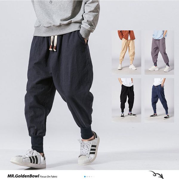 

men harem pants japanese casual cotton linen trouser man jogger pants chinese baggy pants, Black